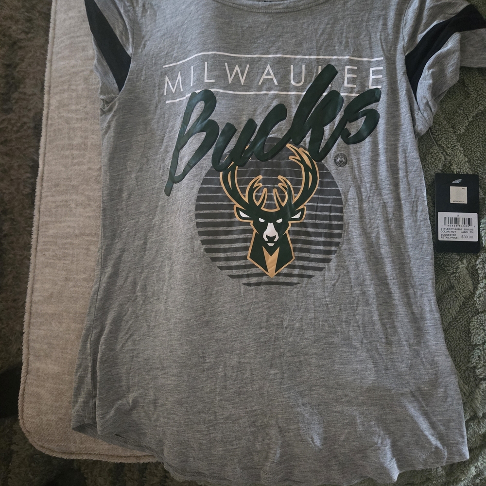 NBA Milwaukee Bucks Gray and Green Women's Tee